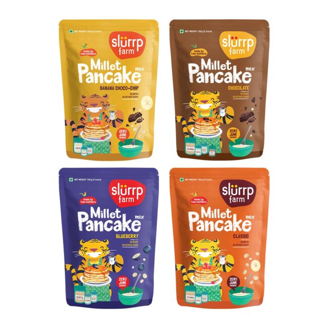Slurrp Millet Pancake Mix - Banana Choco-Chip, Chocolate, Blueberry & Classic 4x150 g
